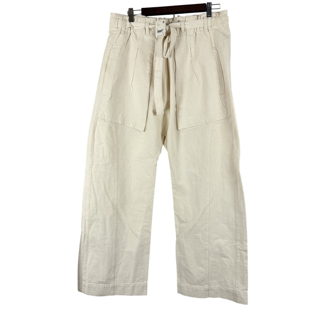 Free People‎ Pants Womens L Ivory White Sky Rider Pants Straight Leg Linen Blend